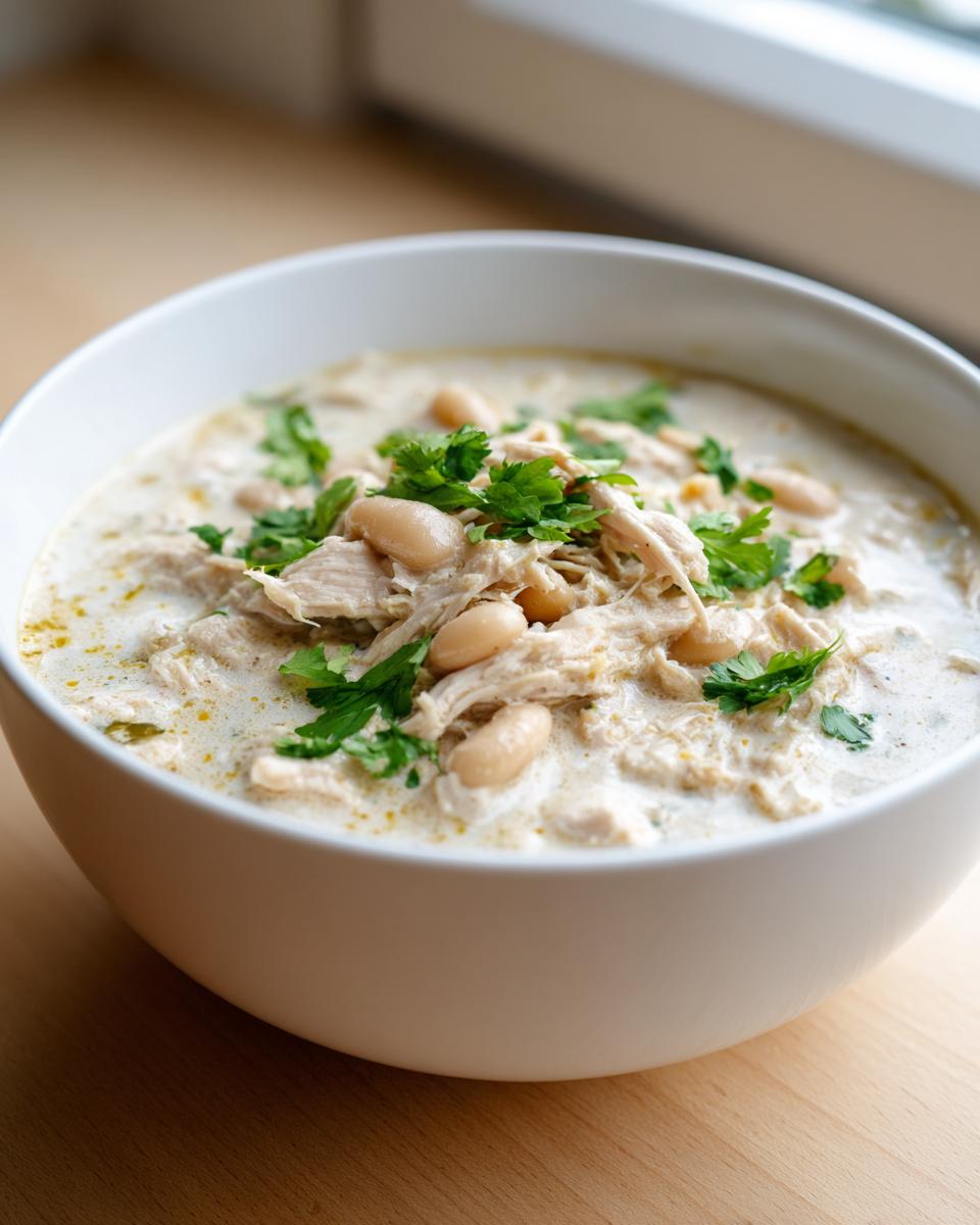 A close-up of a bowl of creamy white chicken chili topped with shredded chicken, white beans, and fresh parsley.