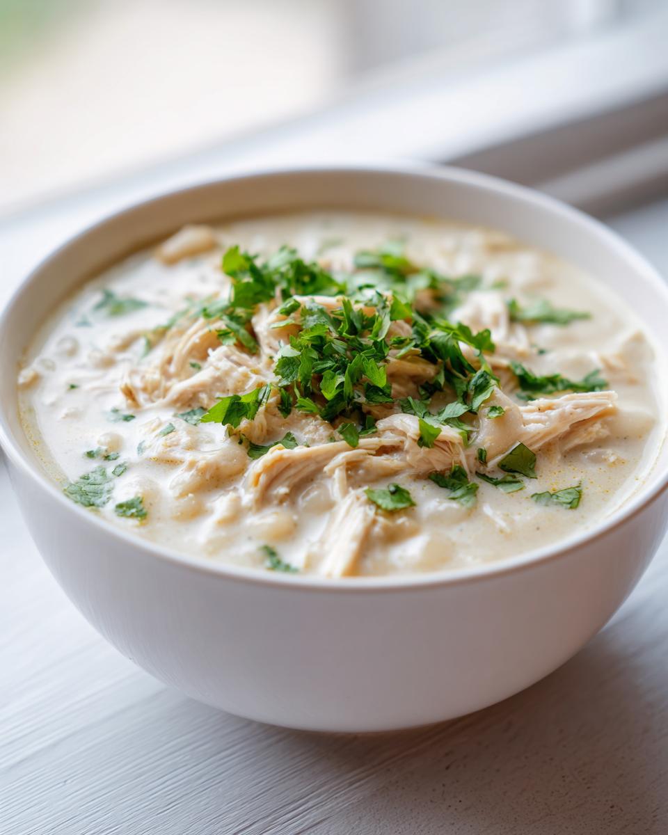 A close-up of a bowl of creamy white chicken chili topped generously with fresh chopped parsley.