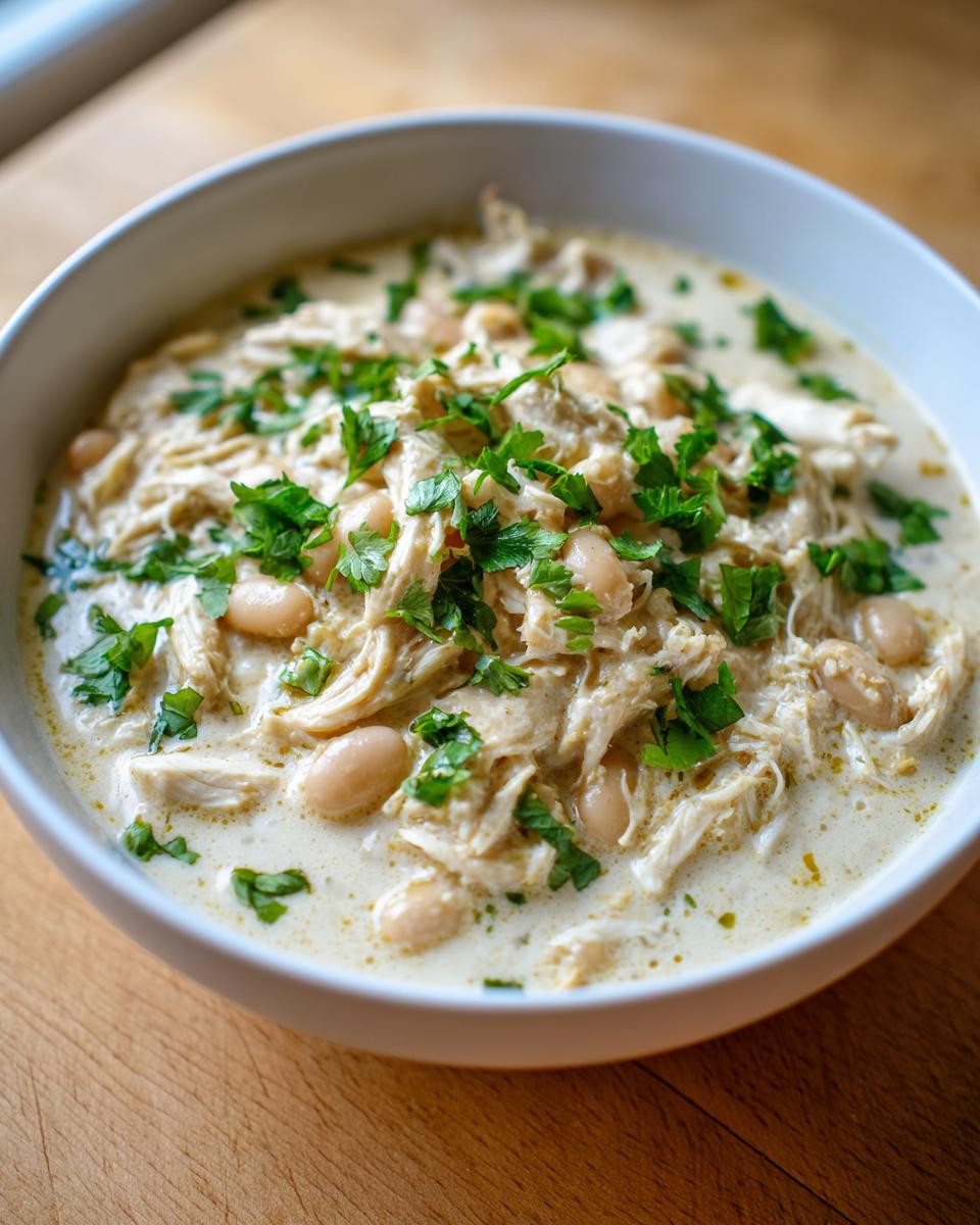A close-up of creamy white chicken chili, featuring shredded chicken, white beans, and fresh parsley garnish.