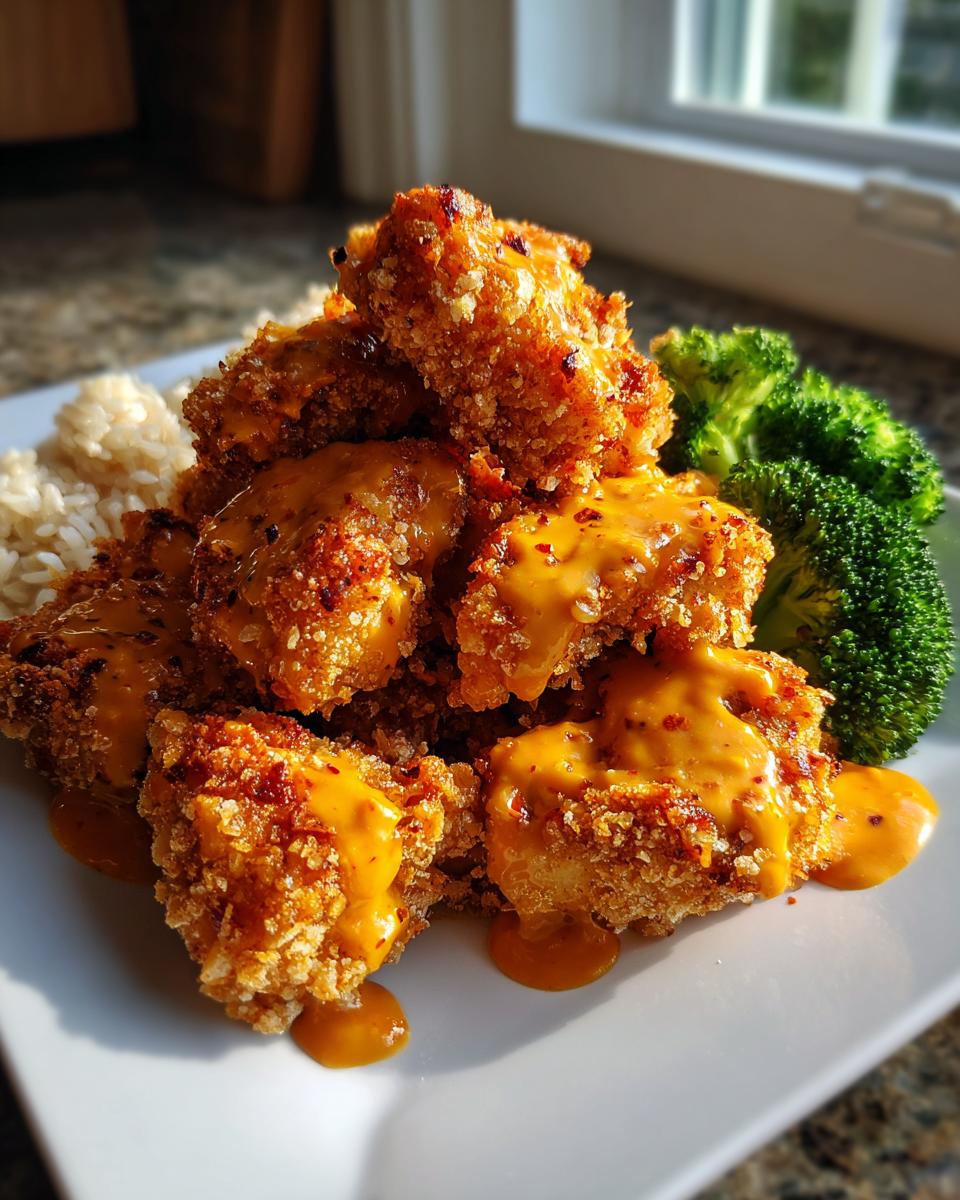A pile of crispy, breaded Bang Bang Chicken pieces drizzled with bright orange sauce, served with brown rice and steamed broccoli.