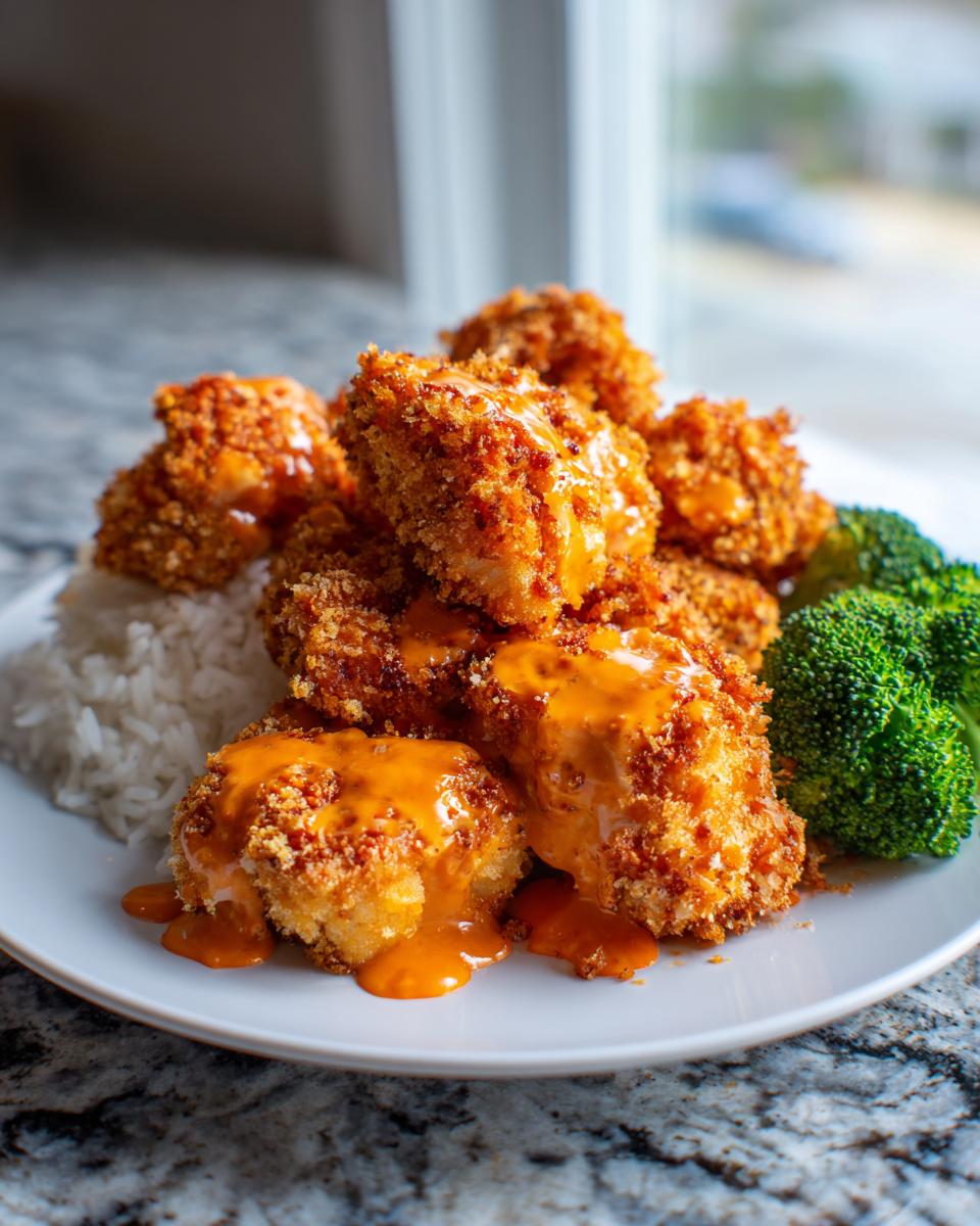 A plate of crispy, breaded Bang Bang Chicken pieces drizzled with orange sauce, served over white rice with steamed broccoli.