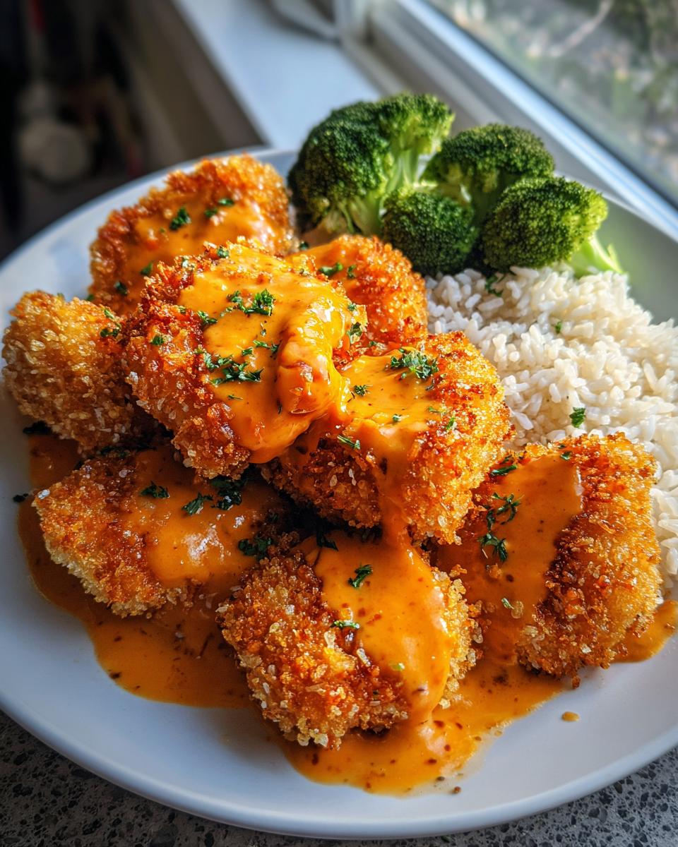 Crispy fried pieces of Bang Bang Chicken generously drizzled with orange sauce, served alongside white rice and steamed broccoli.
