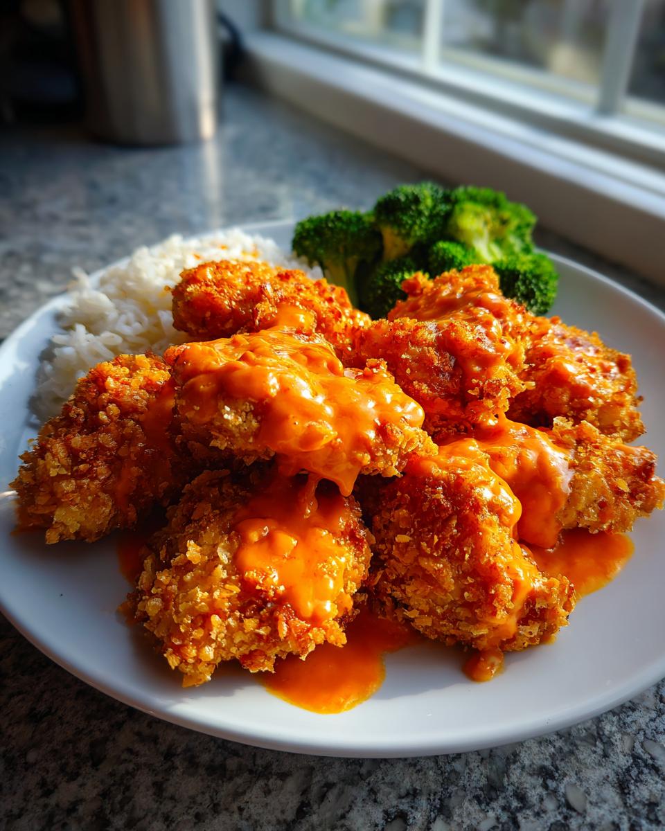 Plate of crispy, saucy Bang Bang Chicken served with white rice and steamed broccoli florets.