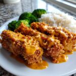 Close-up of crispy fried chicken pieces smothered in orange Bang Bang Chicken sauce, served with rice and steamed broccoli.