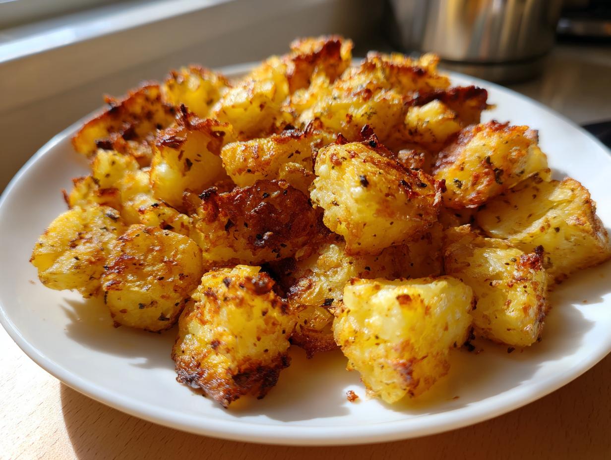 Close-up of perfectly crispy, golden brown breakfast potatoes seasoned with herbs, served on a white plate.