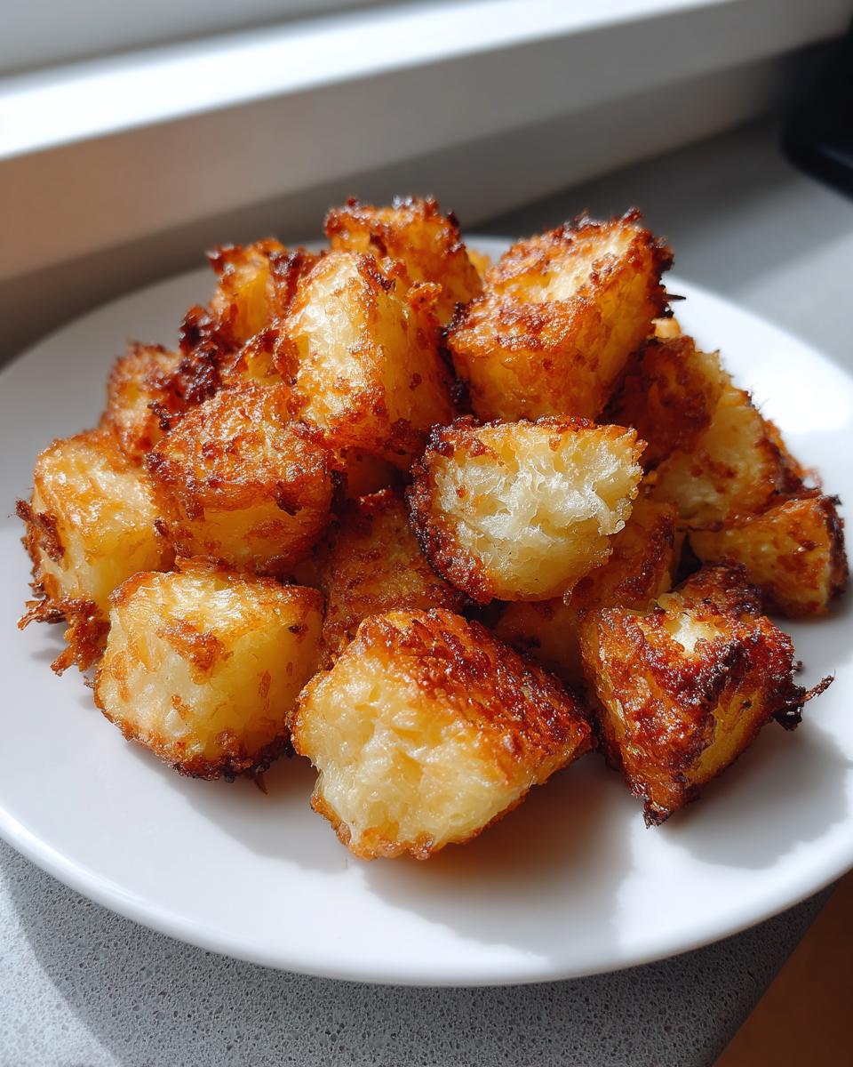 A pile of perfectly cooked, crispy golden breakfast potatoes served on a white plate.