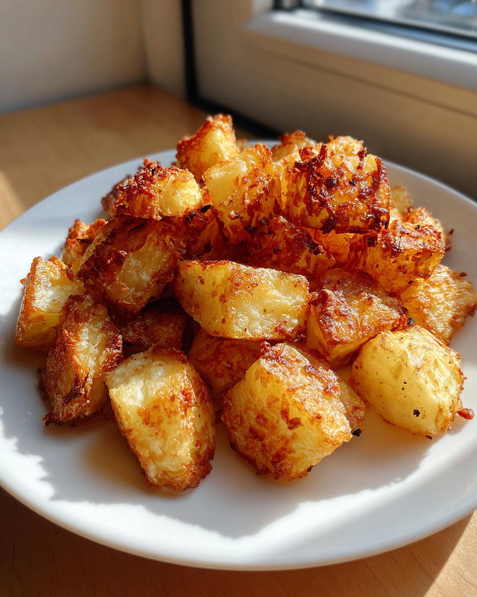 A pile of golden brown, crispy breakfast potatoes served on a white plate, catching bright sunlight.