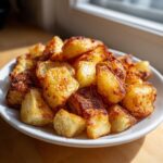 A close-up of golden brown, crispy breakfast potatoes piled high on a white plate near a window.