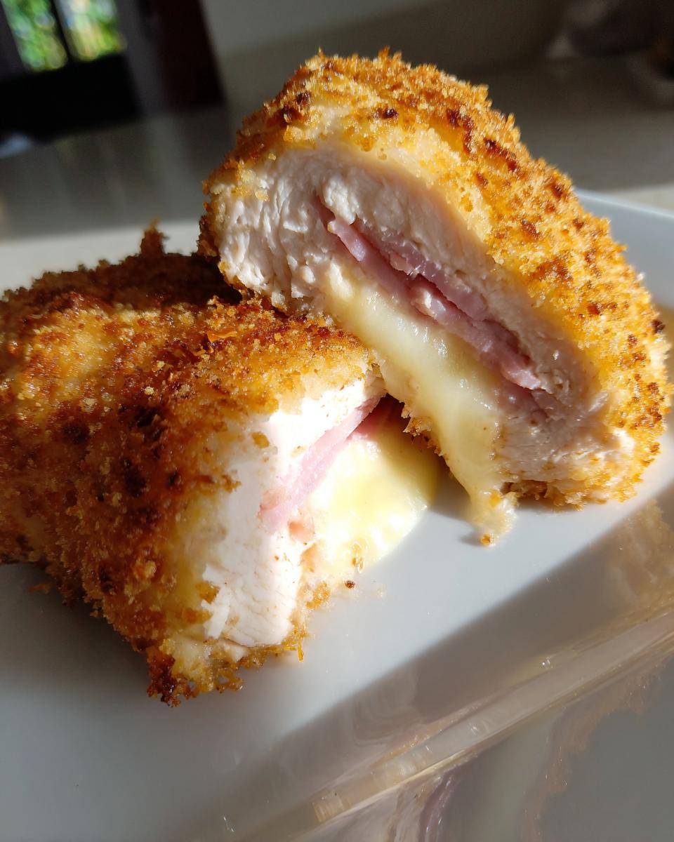 Close-up of chicken cordon bleu cut in half, showing melted cheese oozing out from the ham and chicken breast.
