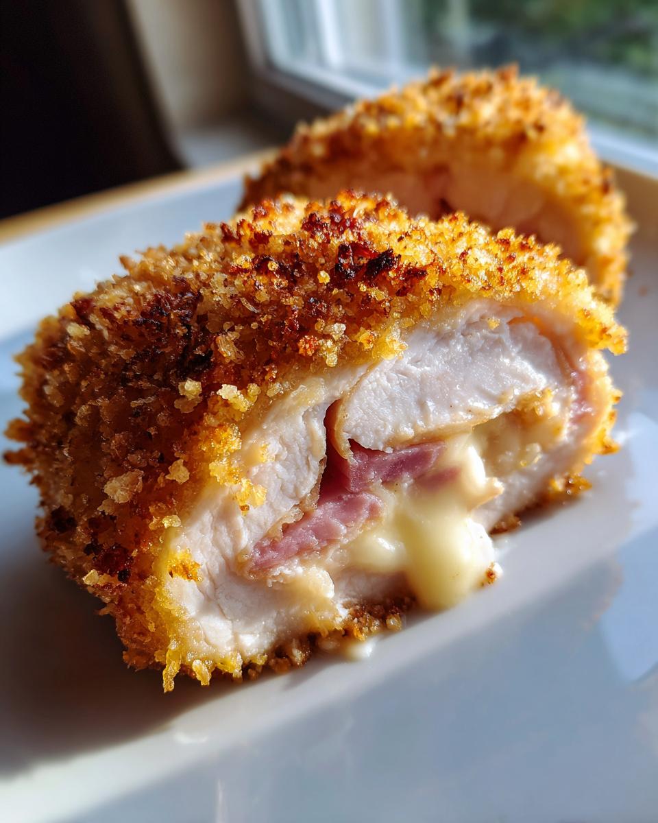 Close-up of a perfectly cooked chicken cordon bleu, showing the crispy breading, white chicken meat, ham, and oozing melted cheese.