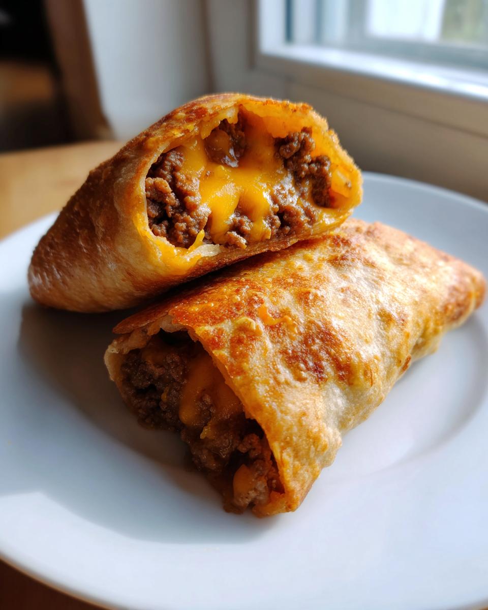 Two crispy Chimichangas cut in half showing the savory ground beef and melted cheddar cheese filling.