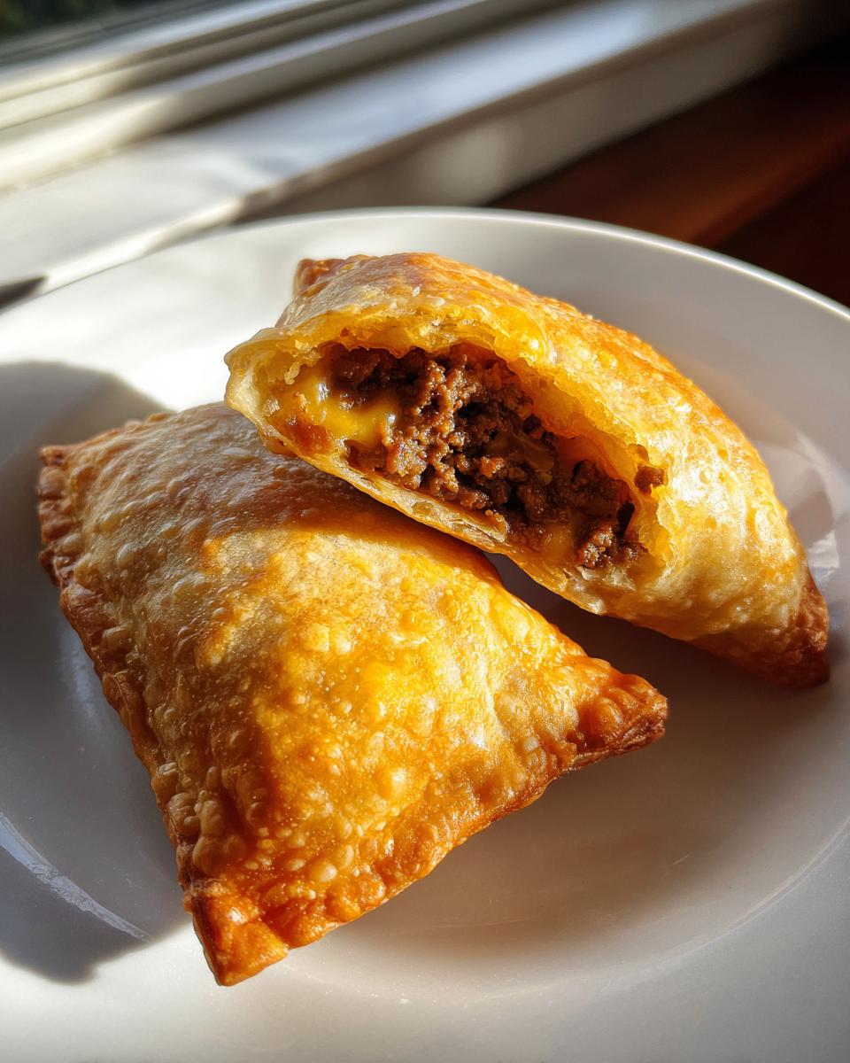Two golden brown, crispy chimichangas on a white plate, one cut open to show seasoned ground beef and melted cheese filling.