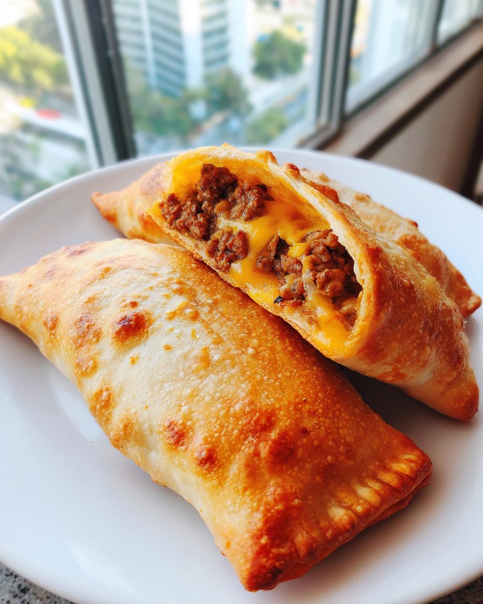 Close-up of two golden-brown, crispy Chimichangas on a white plate, one cut open showing seasoned ground beef and melted cheese filling.