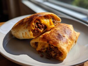 Two crispy chimichangas cut in half on a plate, revealing a savory ground beef filling and melted cheddar cheese.