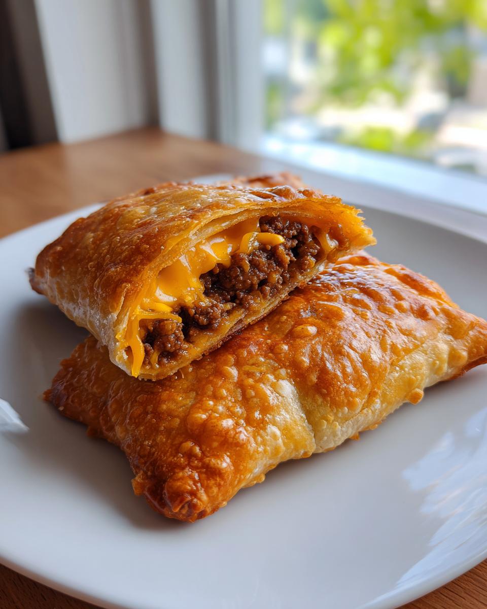 Close-up of crispy, golden-brown chimichangas cut in half, revealing seasoned ground beef and melted cheddar cheese filling.