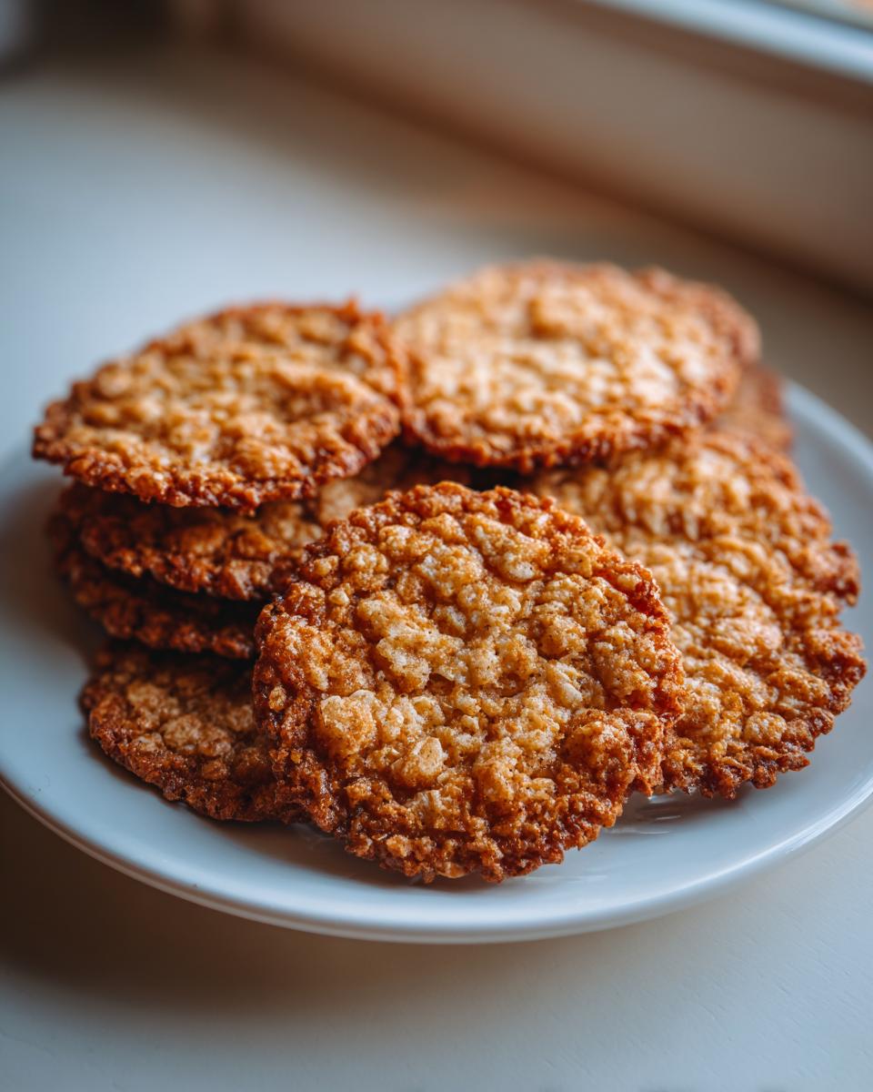 A close-up of several golden brown, lacy oatmeal lace cookies stacked on a small white plate near a window.