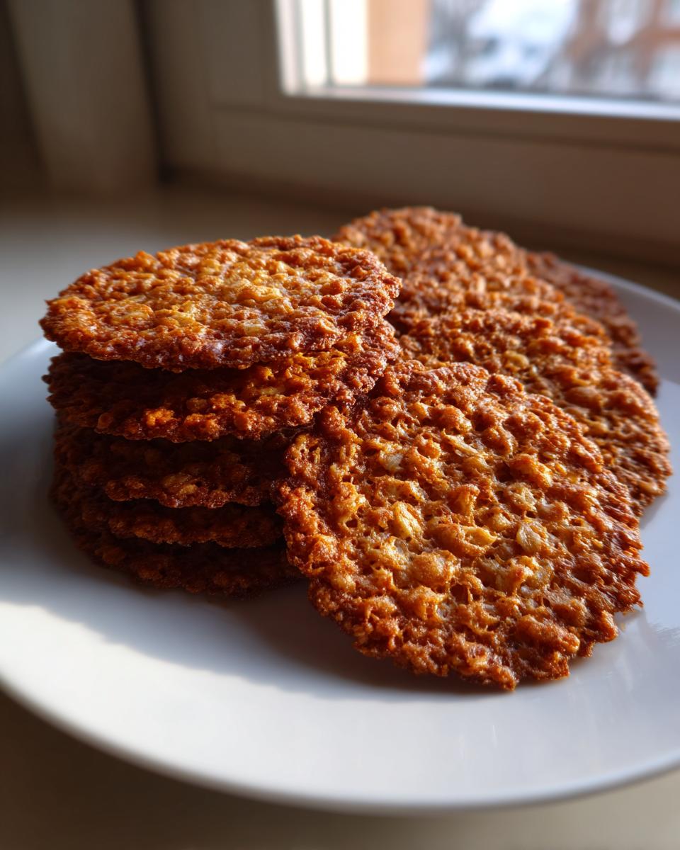 A stack and spread of golden brown, lacy oatmeal lace cookies resting on a white plate near a window.