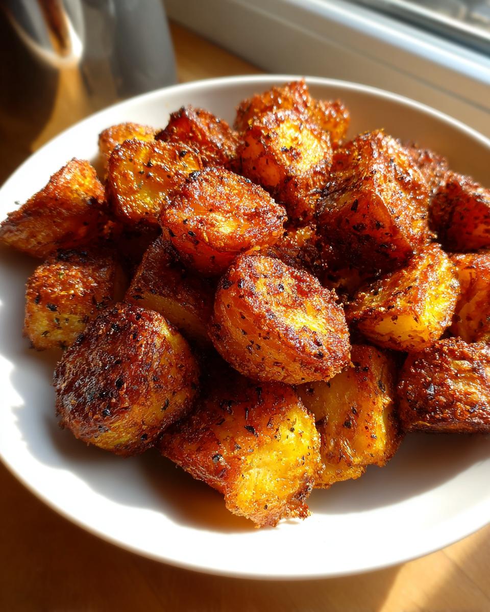 Close-up of golden brown, crispy oven roasted potatoes seasoned with herbs, served in a white bowl.