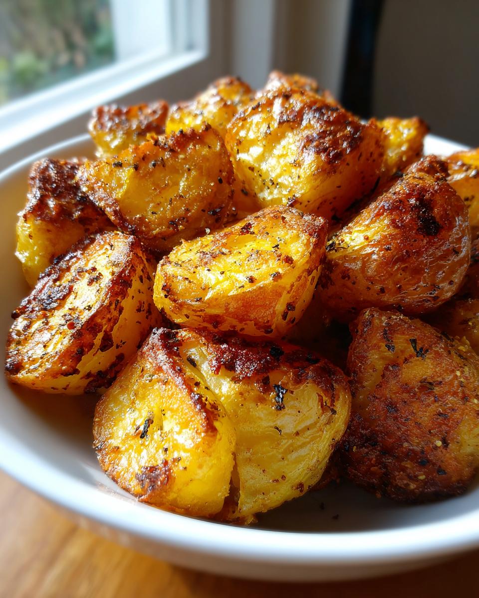 Close-up of golden brown, seasoned oven roasted potatoes piled high in a white bowl.