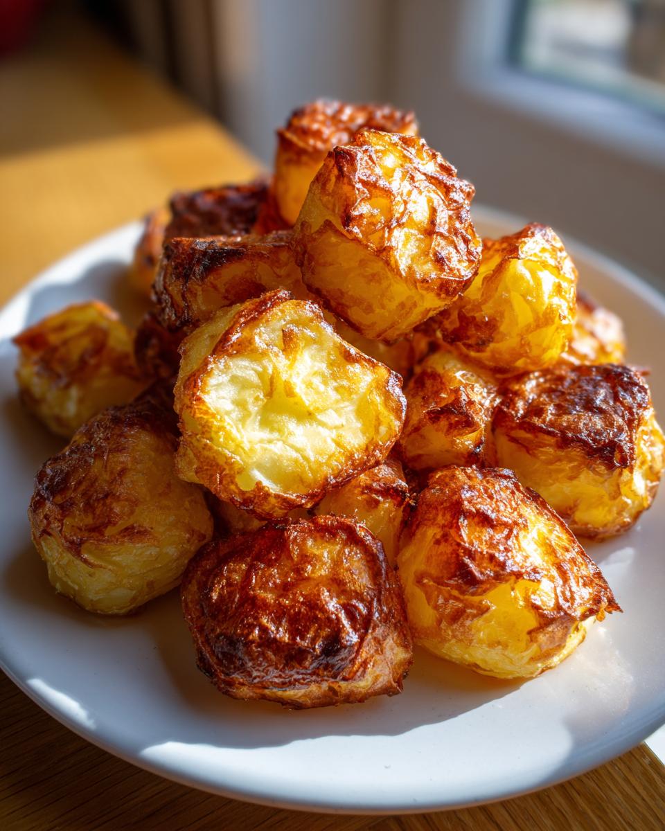 A mound of golden brown, crispy oven roasted potatoes piled high on a white plate, catching bright sunlight.
