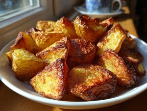 A plate piled high with golden brown, crispy oven roasted potatoes catching the sunlight.