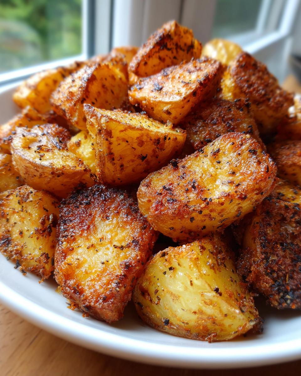 A close-up of golden brown, seasoned oven roasted potatoes piled high in a white bowl.