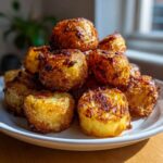 A close-up stack of golden brown, crispy oven roasted potatoes served on a white plate.