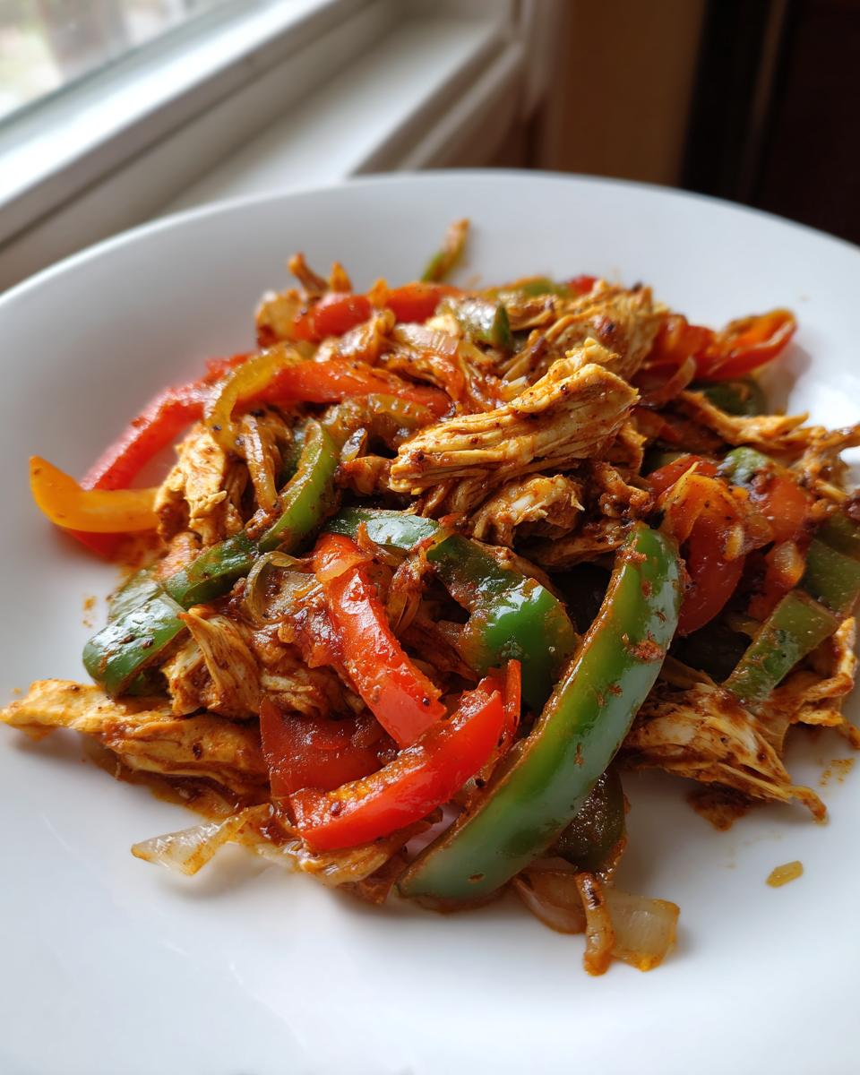 Close-up of shredded chicken mixed with sliced red and green bell peppers and onions, ready for crockpot chicken fajitas.
