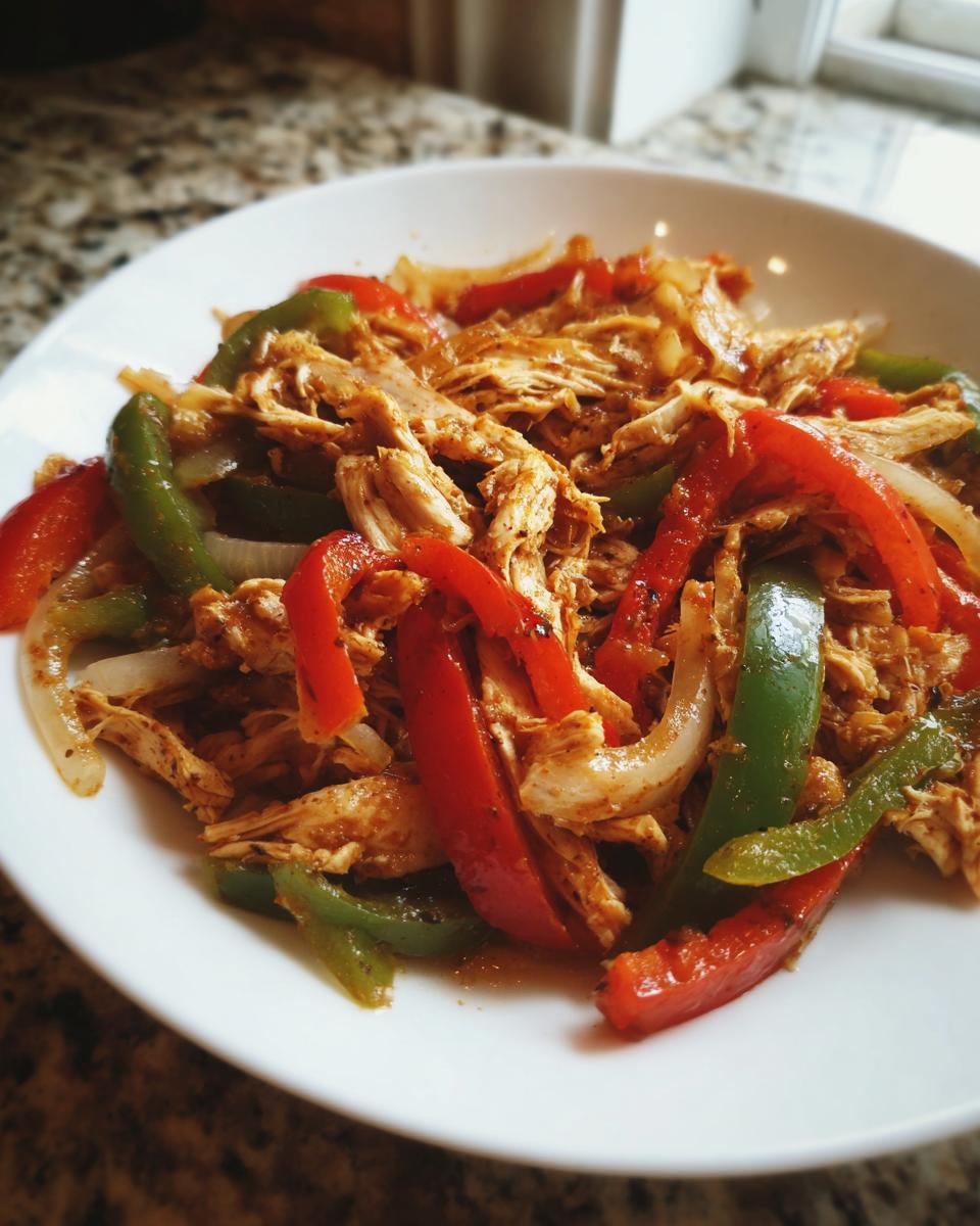 A white bowl filled with shredded chicken, red bell peppers, green peppers, and onions for crockpot chicken fajitas.