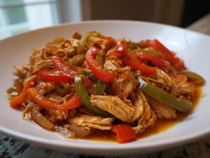 Close-up of shredded chicken mixed with sliced red and green bell peppers in a savory sauce, ready for crockpot chicken fajitas.