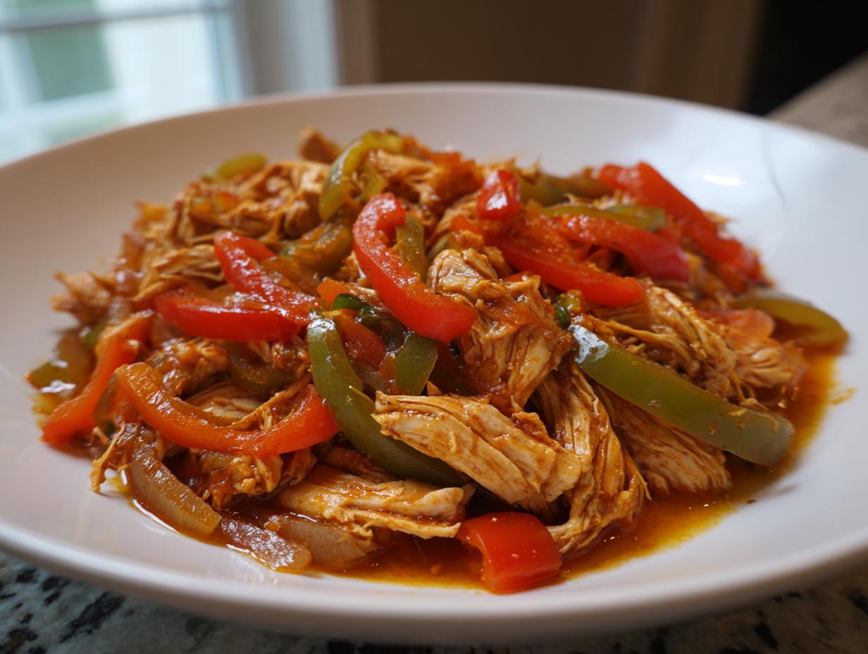 Close-up of shredded chicken mixed with sliced red and green bell peppers in a savory sauce, ready for crockpot chicken fajitas.