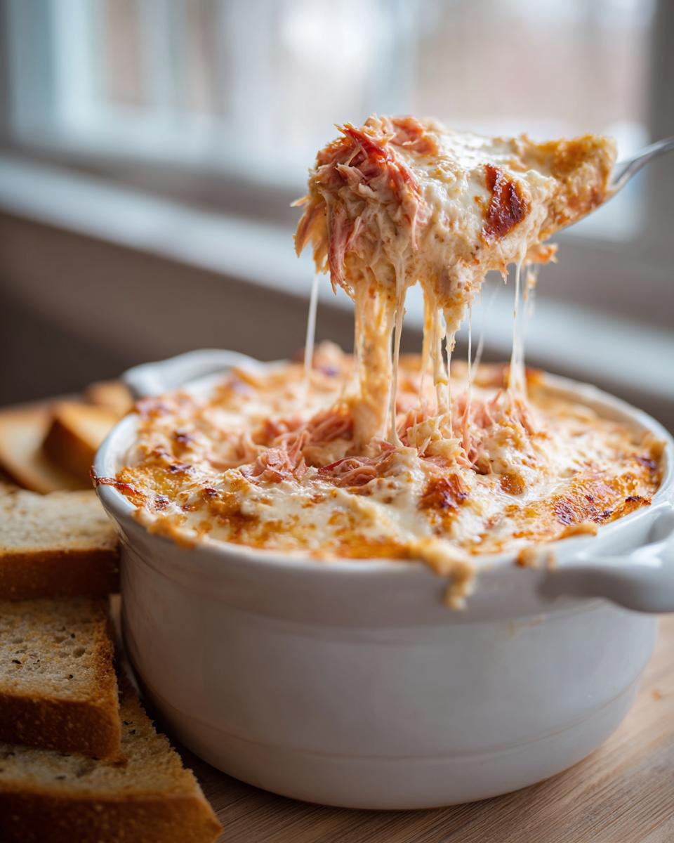 A spoonful of hot, cheesy reuben dip is lifted from a white crockpot, showing long, stretchy cheese pulls and shredded corned beef.