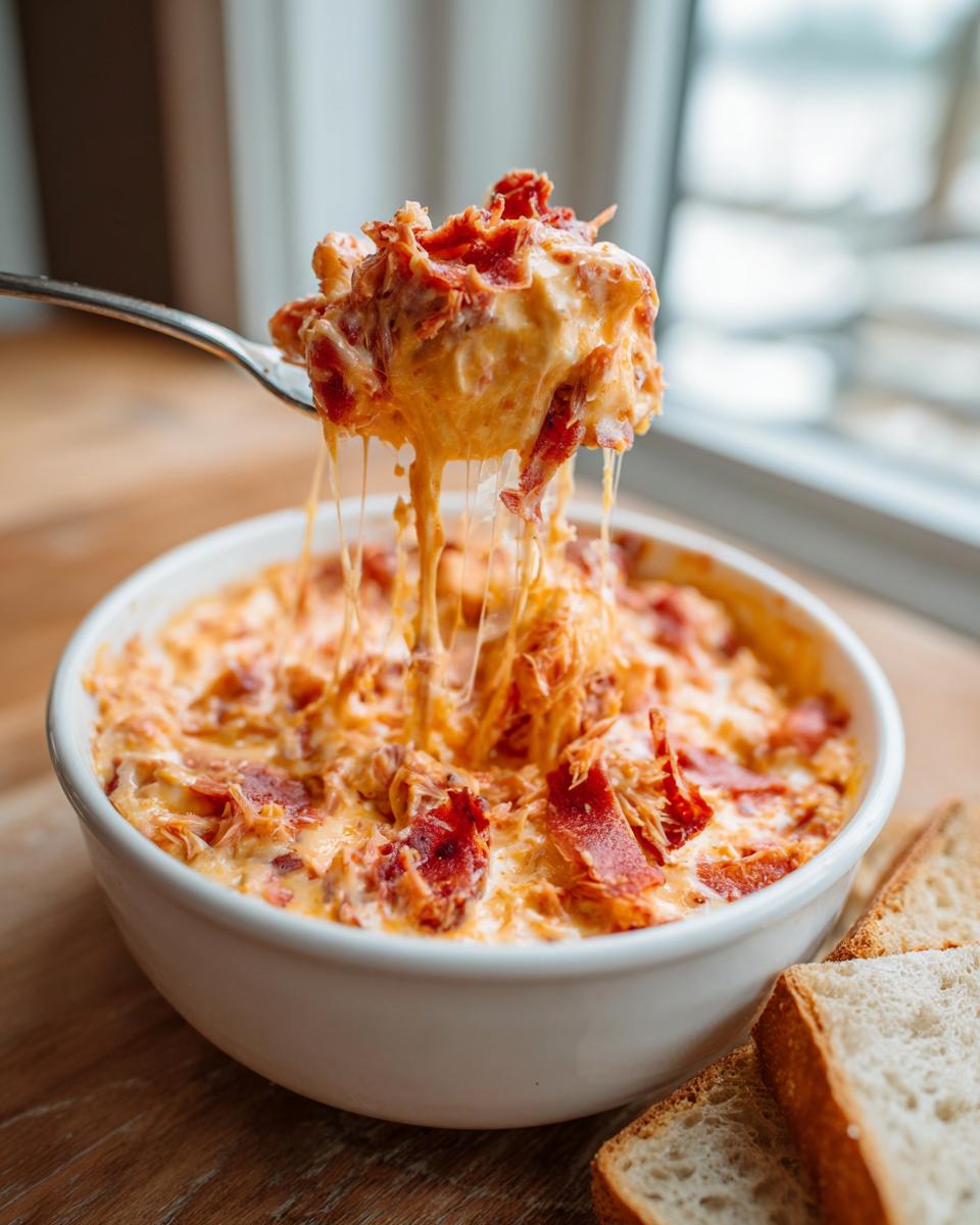 A spoonful of hot, cheesy reuben dip is lifted from a white bowl, showing long cheese pulls and pieces of corned beef.