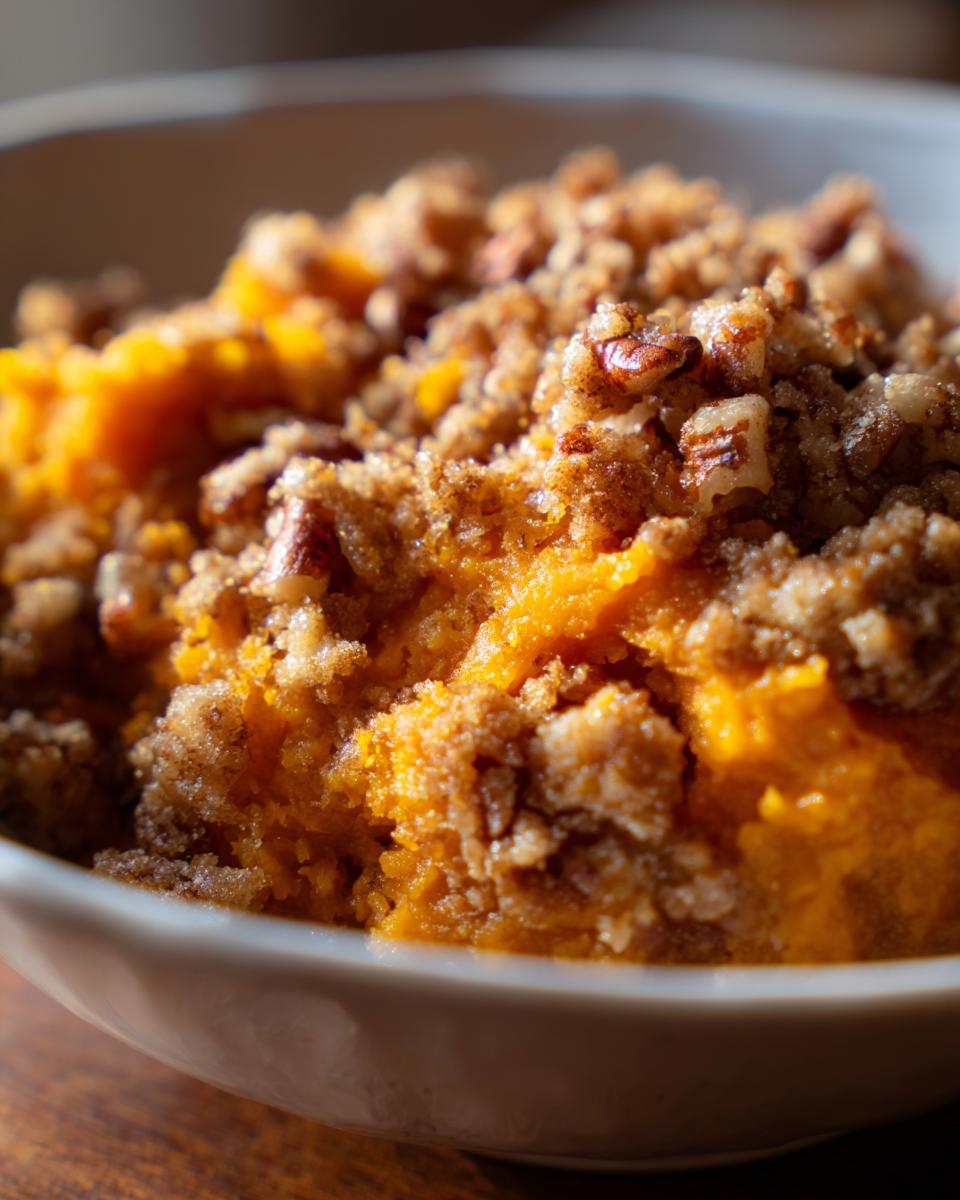 A close-up, appetizing view of creamy crockpot sweet potato casserole topped with a crunchy pecan and brown sugar crumble.