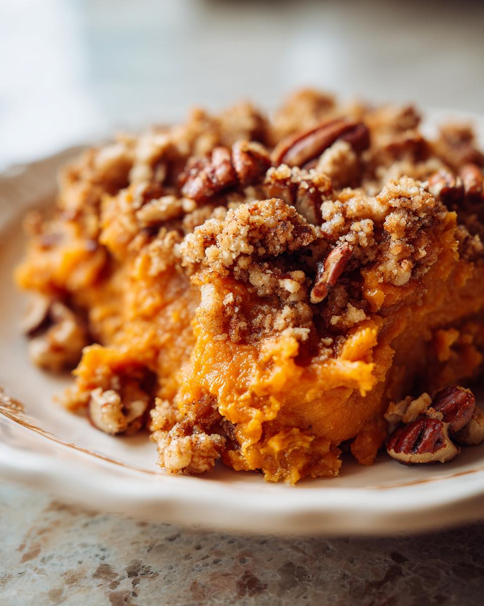 Close-up of a scoop of creamy crockpot sweet potato casserole topped with a crunchy pecan streusel topping.