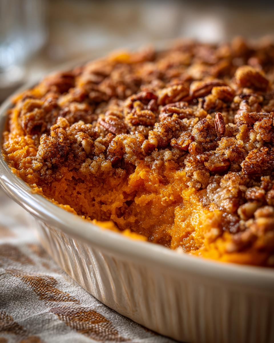 A close-up view of a rich, orange crockpot sweet potato casserole topped with a crunchy pecan crumble.