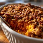 A spoonful has been taken from the rich, orange crockpot sweet potato casserole topped with a crunchy brown sugar and pecan streusel.