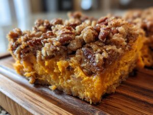 A close-up view of a rich, orange slice of crockpot sweet potato casserole topped with a crunchy pecan streusel.