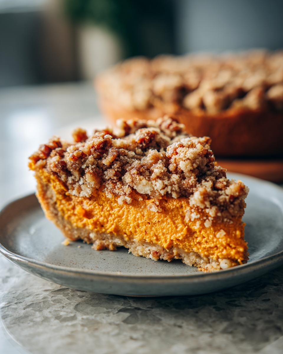 A close-up slice of vibrant orange crockpot sweet potato casserole topped with a thick, crumbly brown streusel topping.