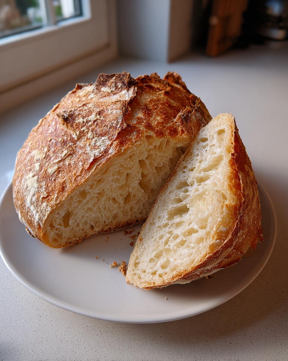 A rustic, crusty Italian bread loaf cut open on a white plate, showing the airy interior crumb.