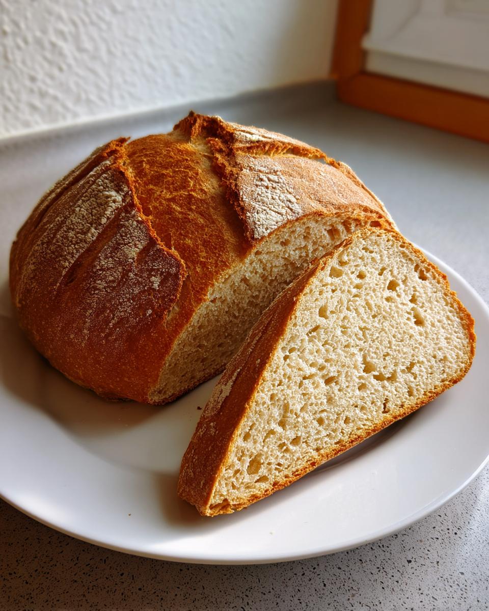 A rustic, golden-brown Italian bread loaf with a thick, scored crust, resting on a white plate next to a freshly cut slice.