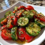 Close-up of a fresh cucumber tomato salad tossed in herbs and dressing.