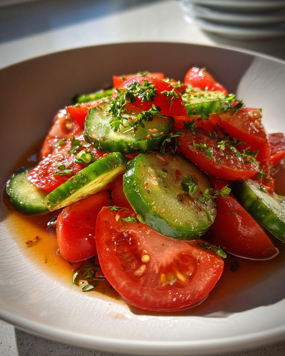 Close-up of a fresh cucumber tomato salad tossed in a light dressing and topped with herbs.