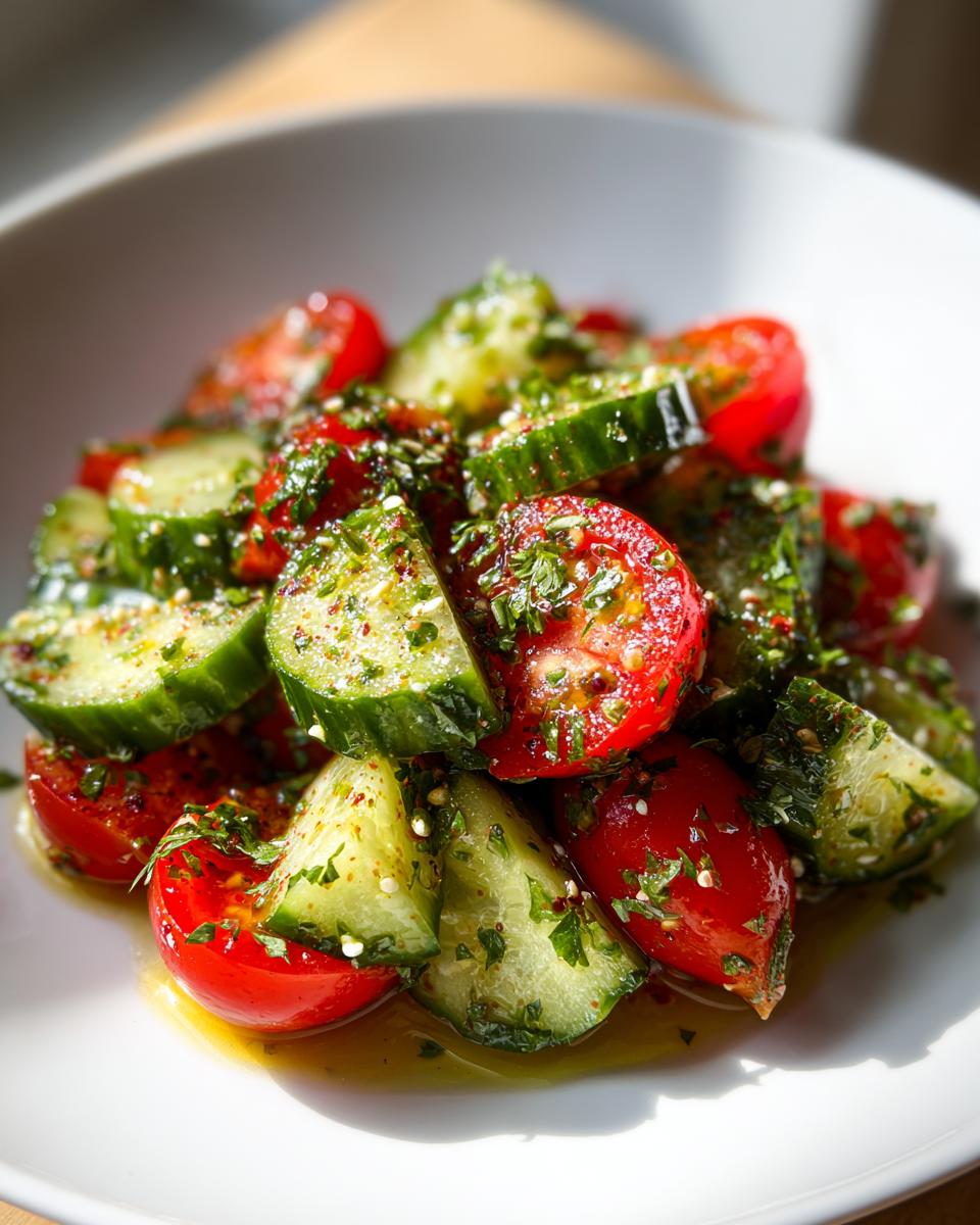 Close-up of a fresh cucumber tomato salad tossed in a vibrant herb and seed dressing, glistening with oil.