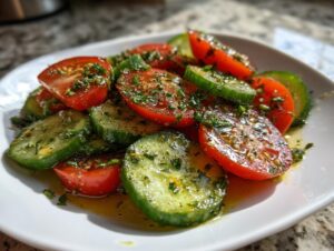 A close-up of a refreshing cucumber tomato salad, featuring sliced tomatoes and cucumbers glistening with a herb vinaigrette.