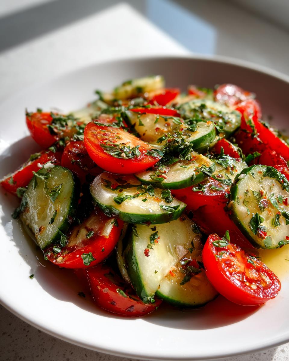 Close-up of a fresh cucumber tomato salad tossed in dressing and topped with chopped herbs.