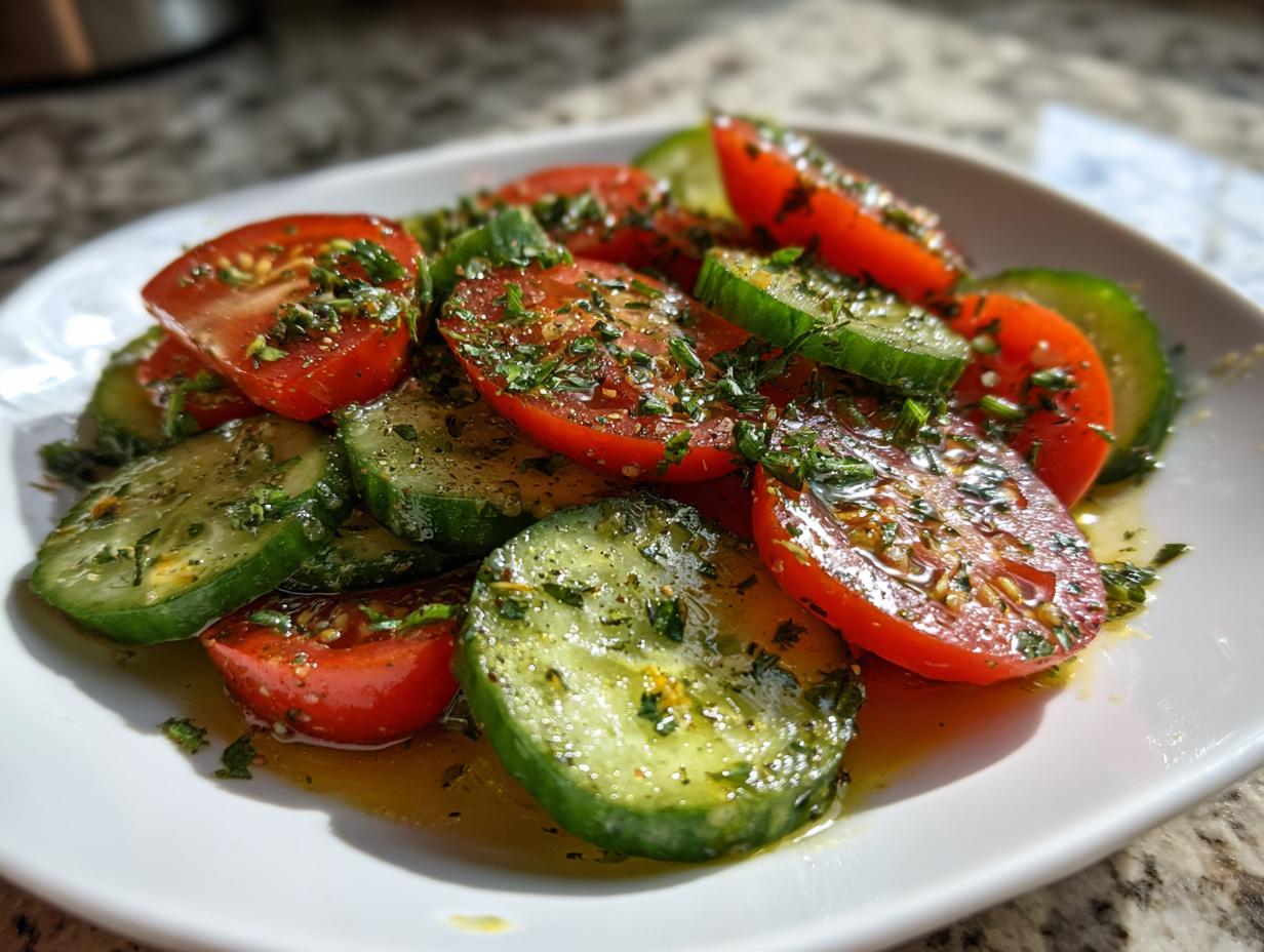 A close-up of a refreshing cucumber tomato salad, featuring sliced tomatoes and cucumbers glistening with a herb vinaigrette.