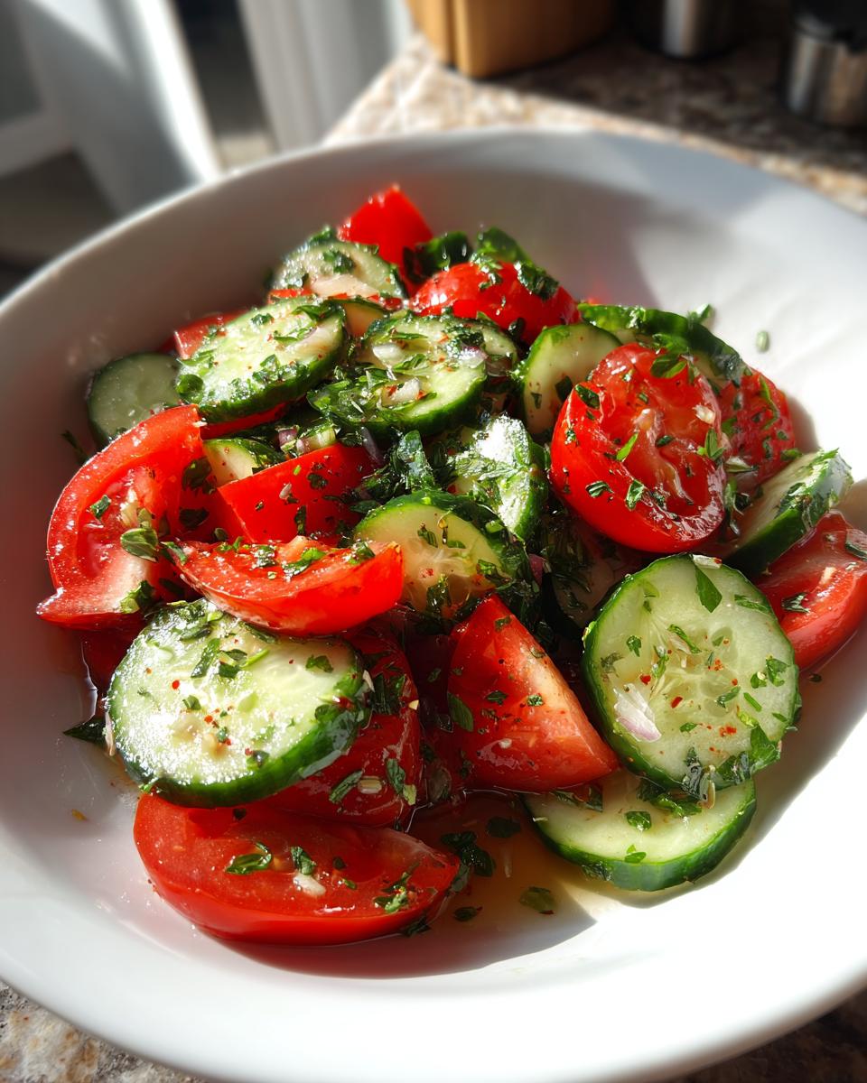 Close-up of a fresh cucumber tomato salad with herbs and dressing in a white bowl.