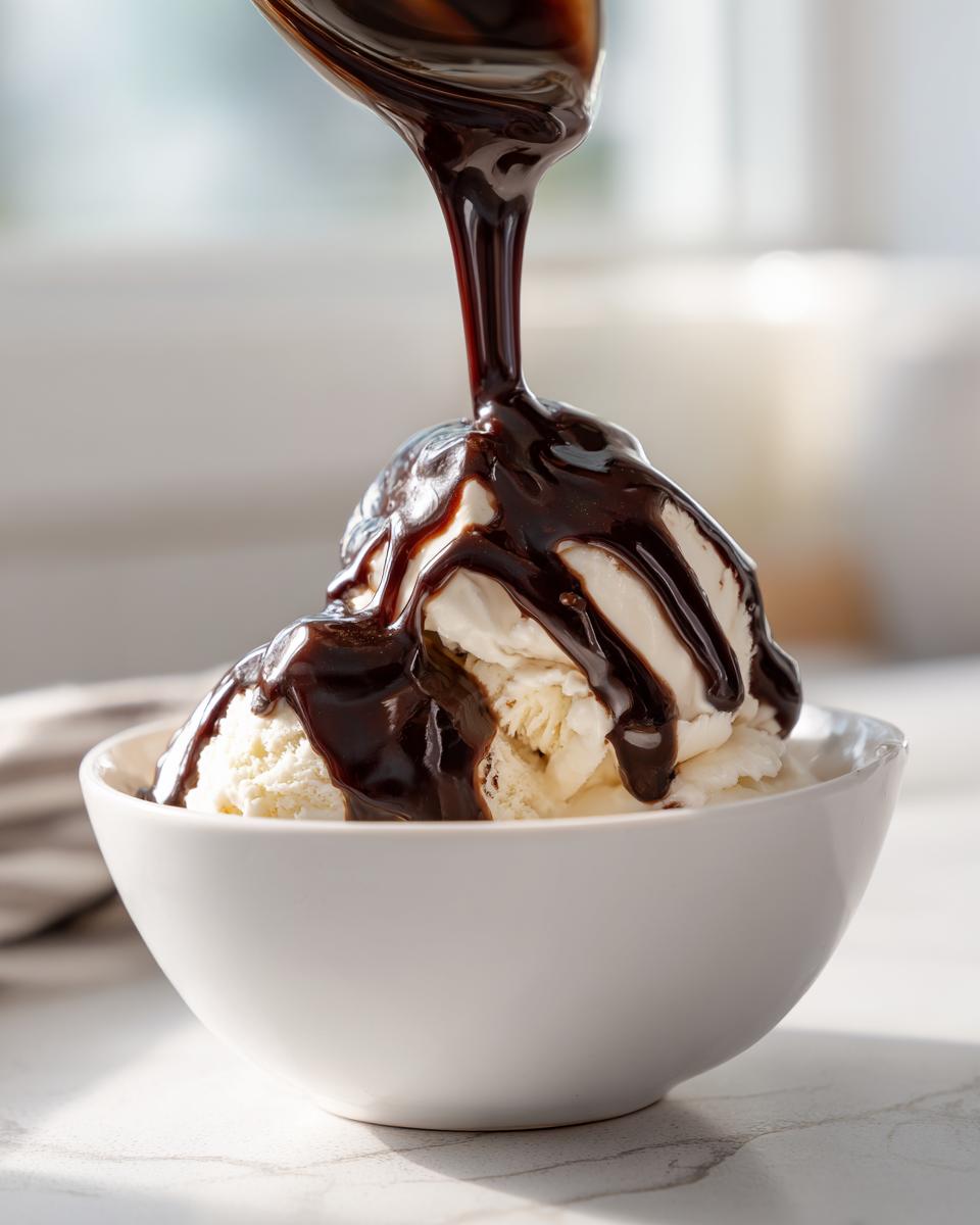 Thick, glossy chocolate syrup being poured from a spoon over scoops of vanilla ice cream in a white bowl.