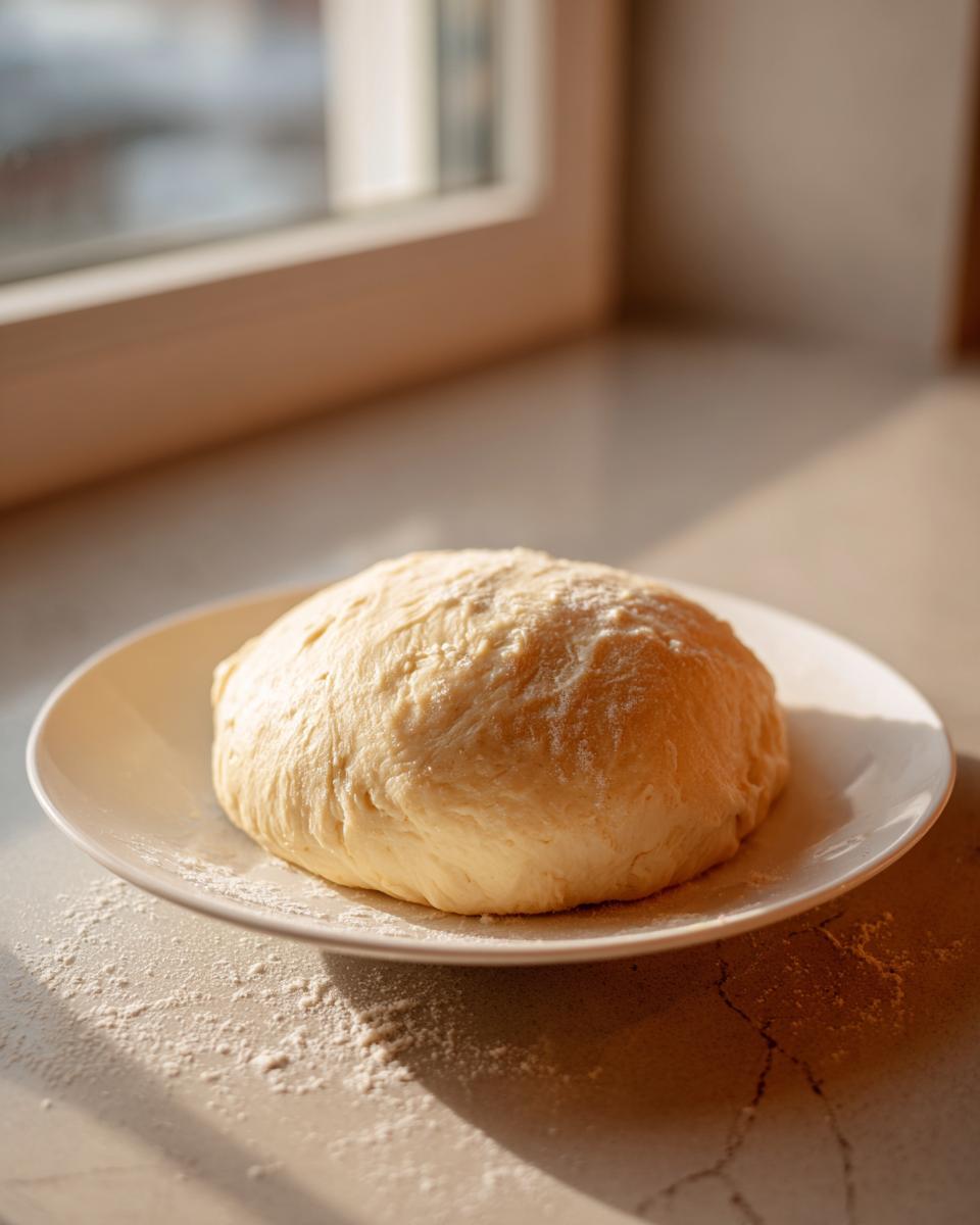 A smooth ball of dough, likely for fufu, resting on a white plate near a sunlit window.